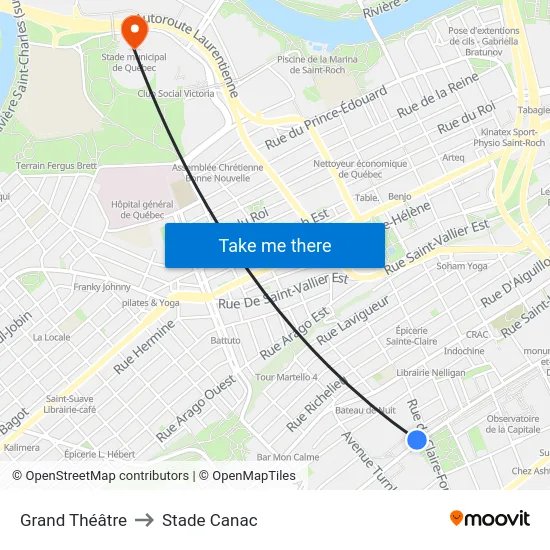 Grand Théâtre to Stade Canac map