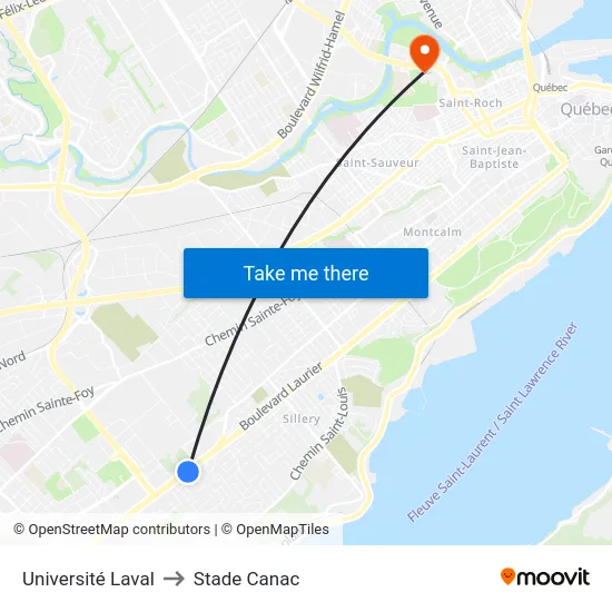 Université Laval to Stade Canac map