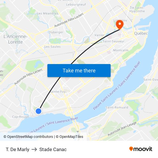 T. De Marly to Stade Canac map