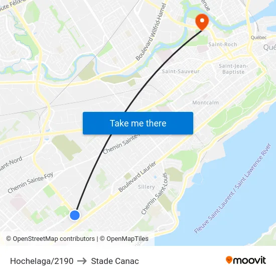 Hochelaga/2190 to Stade Canac map