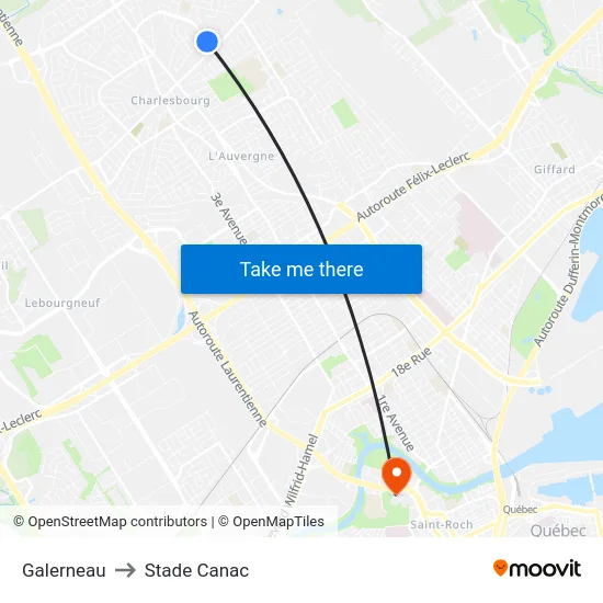 Galerneau to Stade Canac map