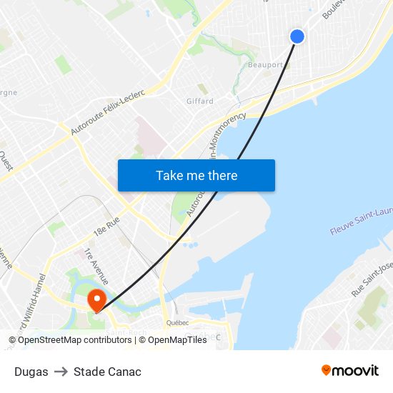 Dugas to Stade Canac map