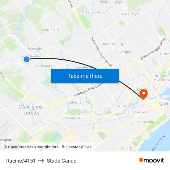 Racine/4151 to Stade Canac map