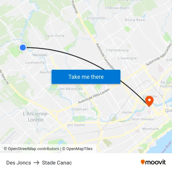 Des Joncs to Stade Canac map