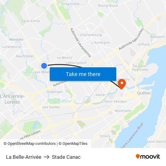 La Belle-Arrivée to Stade Canac map
