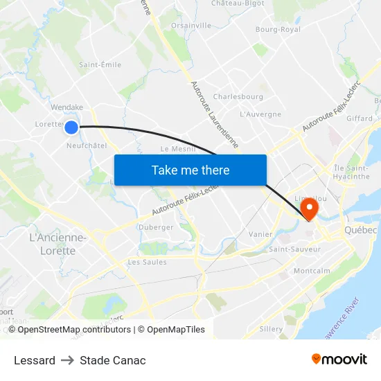 Lessard to Stade Canac map