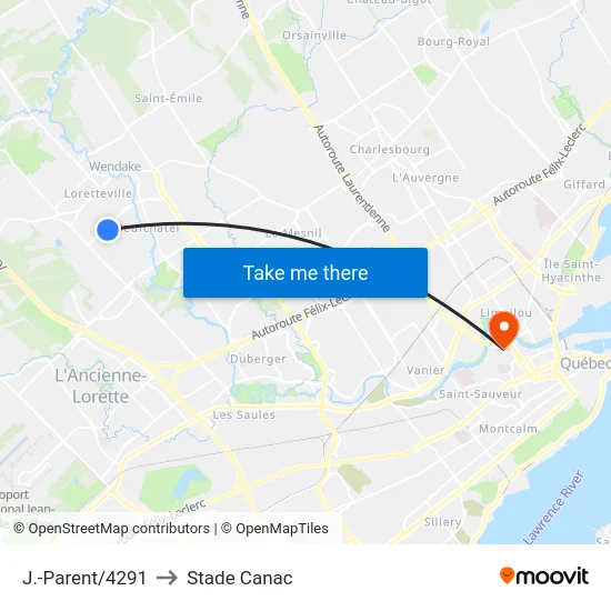J.-Parent/4291 to Stade Canac map
