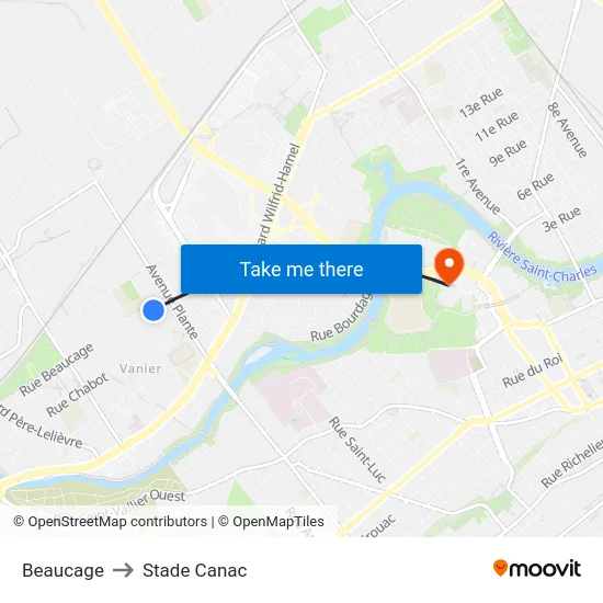 Beaucage to Stade Canac map