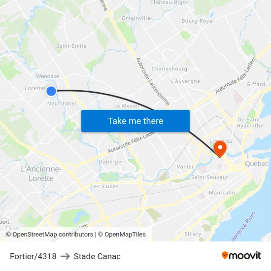 Fortier/4318 to Stade Canac map