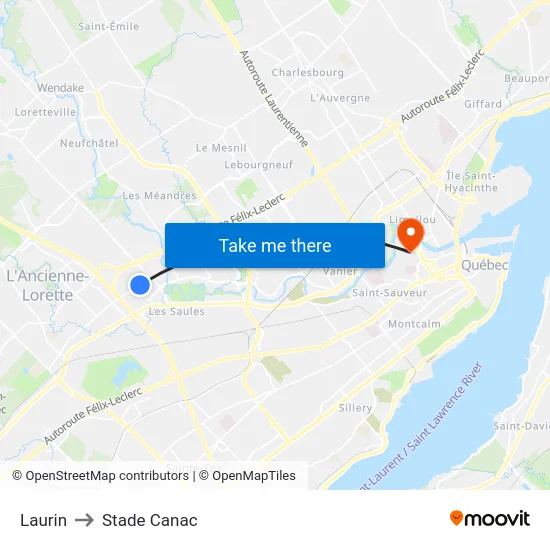Laurin to Stade Canac map
