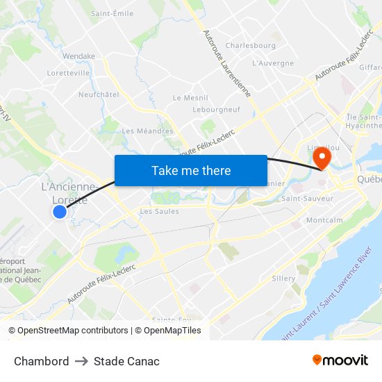 Chambord to Stade Canac map