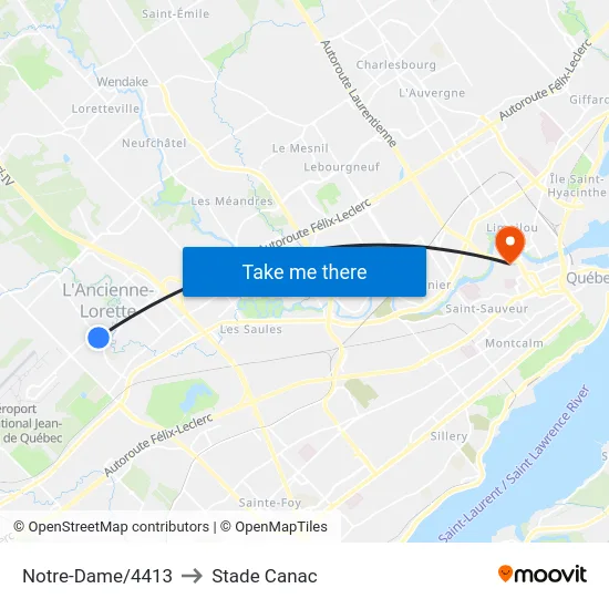 Notre-Dame/4413 to Stade Canac map
