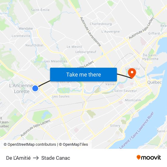 De L'Amitié to Stade Canac map