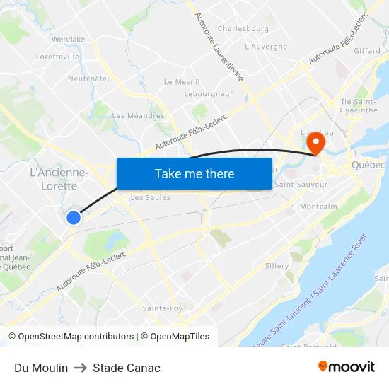 Du Moulin to Stade Canac map