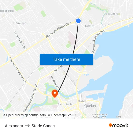 Alexandra to Stade Canac map