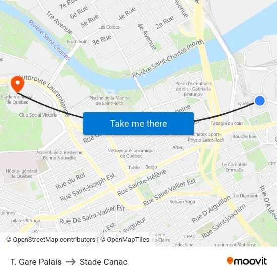 T. Gare Palais to Stade Canac map
