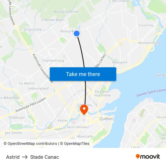 Astrid to Stade Canac map