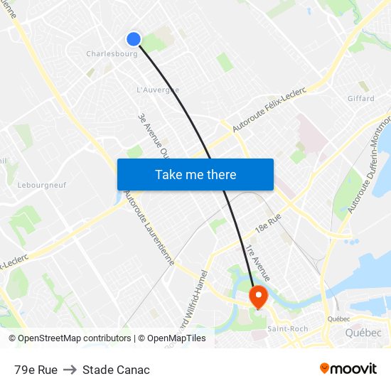 79e Rue to Stade Canac map