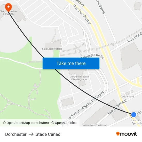 Dorchester to Stade Canac map