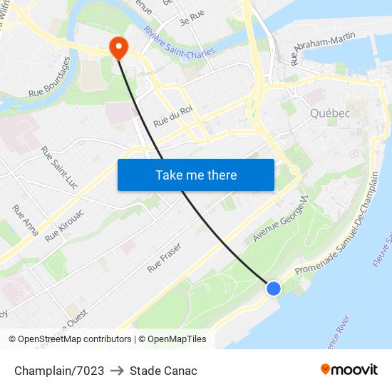 Champlain/7023 to Stade Canac map