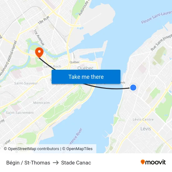 Bégin / St-Thomas to Stade Canac map