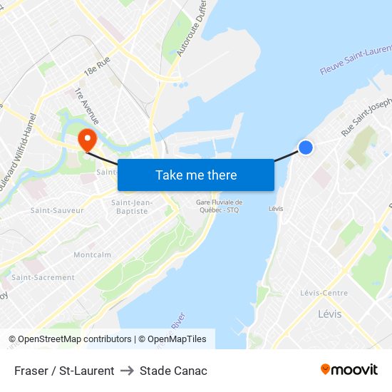 Fraser / St-Laurent to Stade Canac map