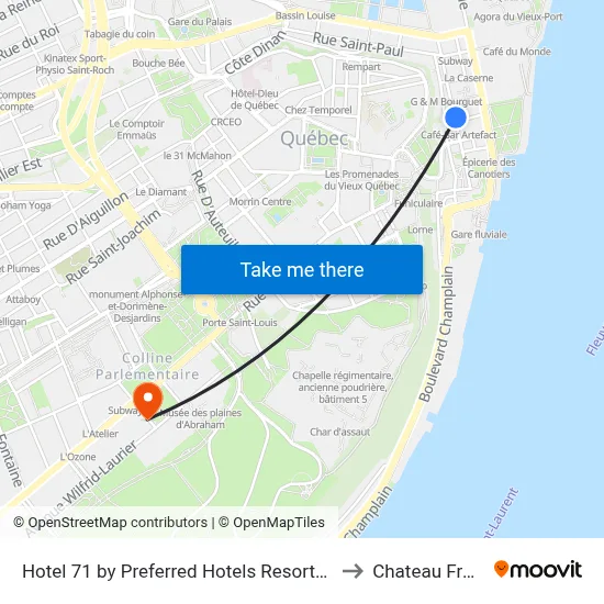 Hotel 71 by Preferred Hotels Resorts Quebec City to Chateau Frontena map