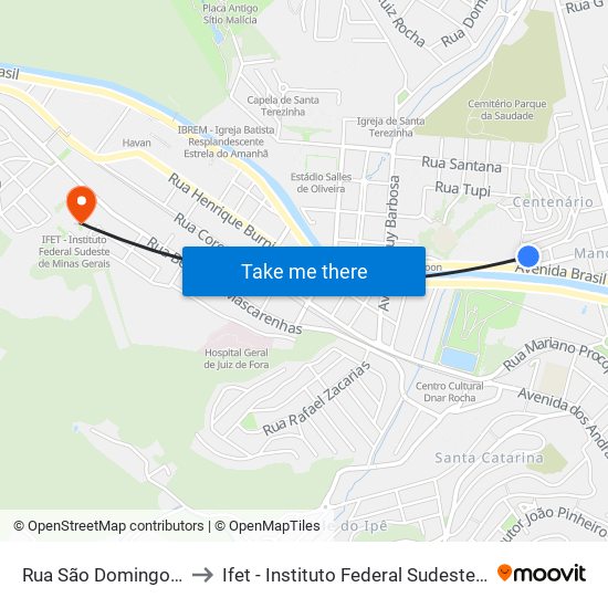 Rua São Domingos Sávio, 37 to Ifet - Instituto Federal Sudeste De Minas Gerais map