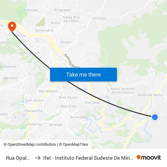 Rua Opala, 45 to Ifet - Instituto Federal Sudeste De Minas Gerais map