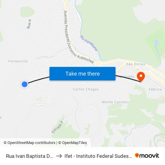 Rua Ivan Baptista De Oliveira, 488 to Ifet - Instituto Federal Sudeste De Minas Gerais map