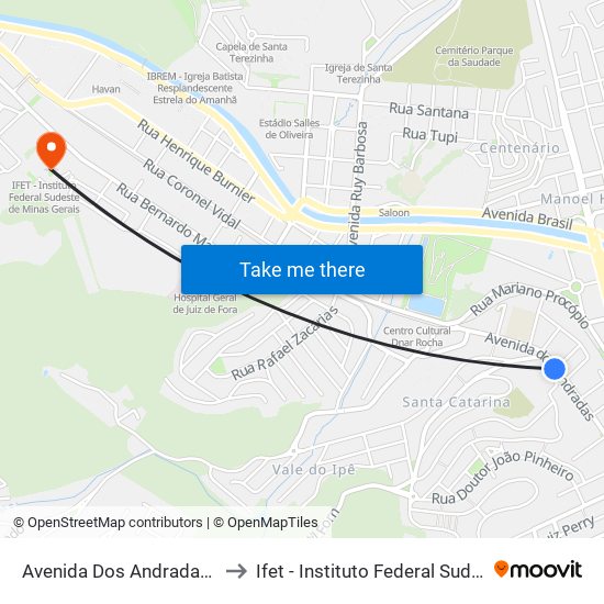 Avenida Dos Andradas / Igreja Da Glória to Ifet - Instituto Federal Sudeste De Minas Gerais map