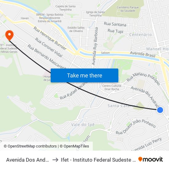 Avenida Dos Andradas, 555 to Ifet - Instituto Federal Sudeste De Minas Gerais map