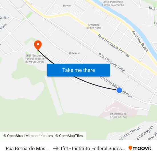 Rua Bernardo Mascarenhas, 757 to Ifet - Instituto Federal Sudeste De Minas Gerais map