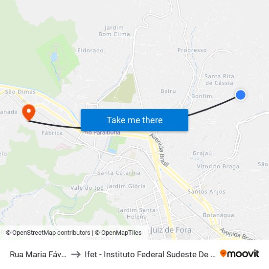 Rua Maria Fávero, 46 to Ifet - Instituto Federal Sudeste De Minas Gerais map