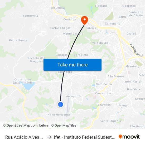 Rua Acácio Alves Alvim, 2497 to Ifet - Instituto Federal Sudeste De Minas Gerais map