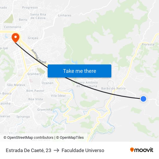 Estrada De Caeté, 23 to Faculdade Universo map