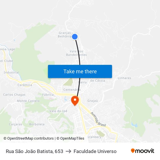 Rua São João Batista, 653 to Faculdade Universo map