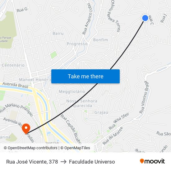 Rua José Vicente, 378 to Faculdade Universo map