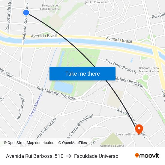 Avenida Rui Barbosa, 510 to Faculdade Universo map