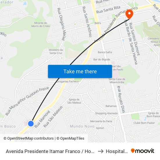 Avenida Presidente Itamar Franco / Hospital Maternidade Terezinha De Jesus to Hospital 9 De Julho map