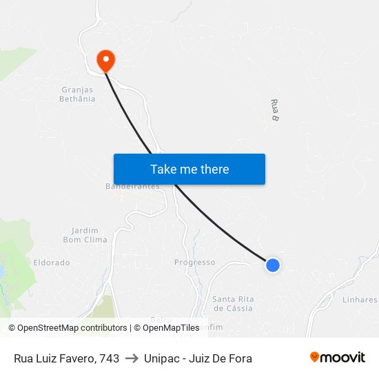 Rua Luiz Favero, 743 to Unipac - Juiz De Fora map