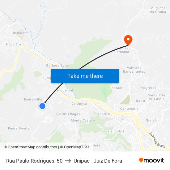 Rua Paulo Rodrigues, 50 to Unipac - Juiz De Fora map