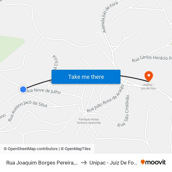 Rua Joaquim Borges Pereira, 5 to Unipac - Juiz De Fora map