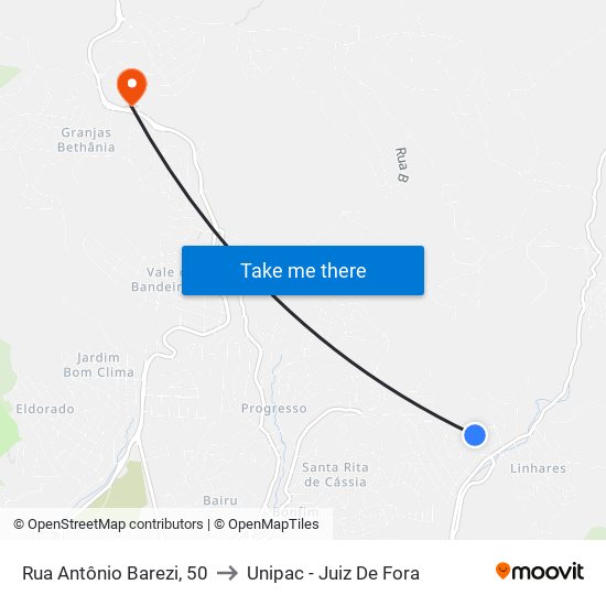 Rua Antônio Barezi, 50 to Unipac - Juiz De Fora map