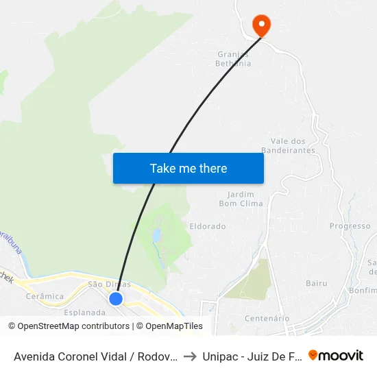 Avenida Coronel Vidal / Rodoviária to Unipac - Juiz De Fora map