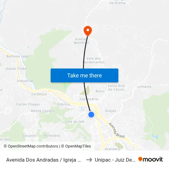 Avenida Dos Andradas / Igreja Da Glória to Unipac - Juiz De Fora map