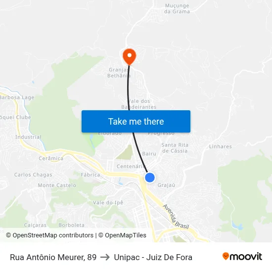 Rua Antônio Meurer, 89 to Unipac - Juiz De Fora map