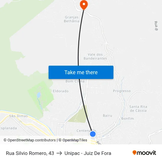 Rua Silvio Romero, 43 to Unipac - Juiz De Fora map