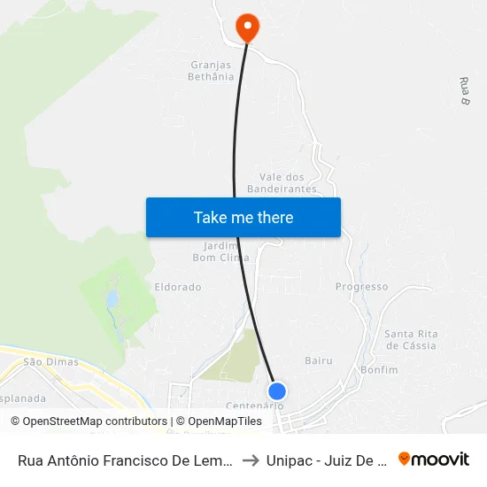 Rua Antônio Francisco De Lemos, 40 to Unipac - Juiz De Fora map