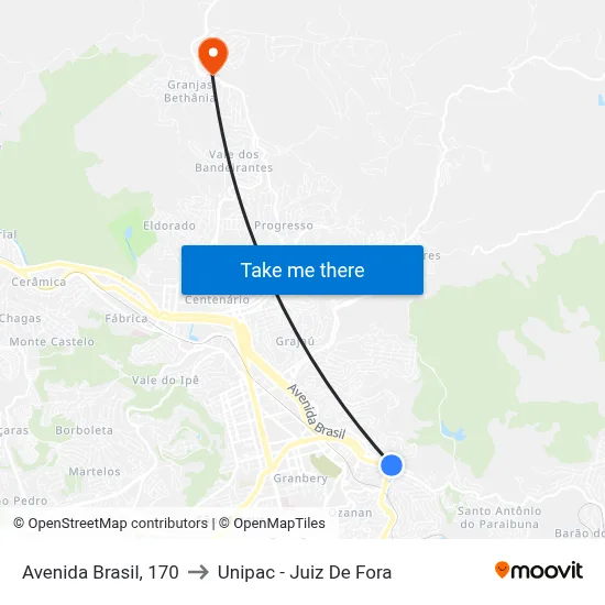 Avenida Brasil, 170 to Unipac - Juiz De Fora map